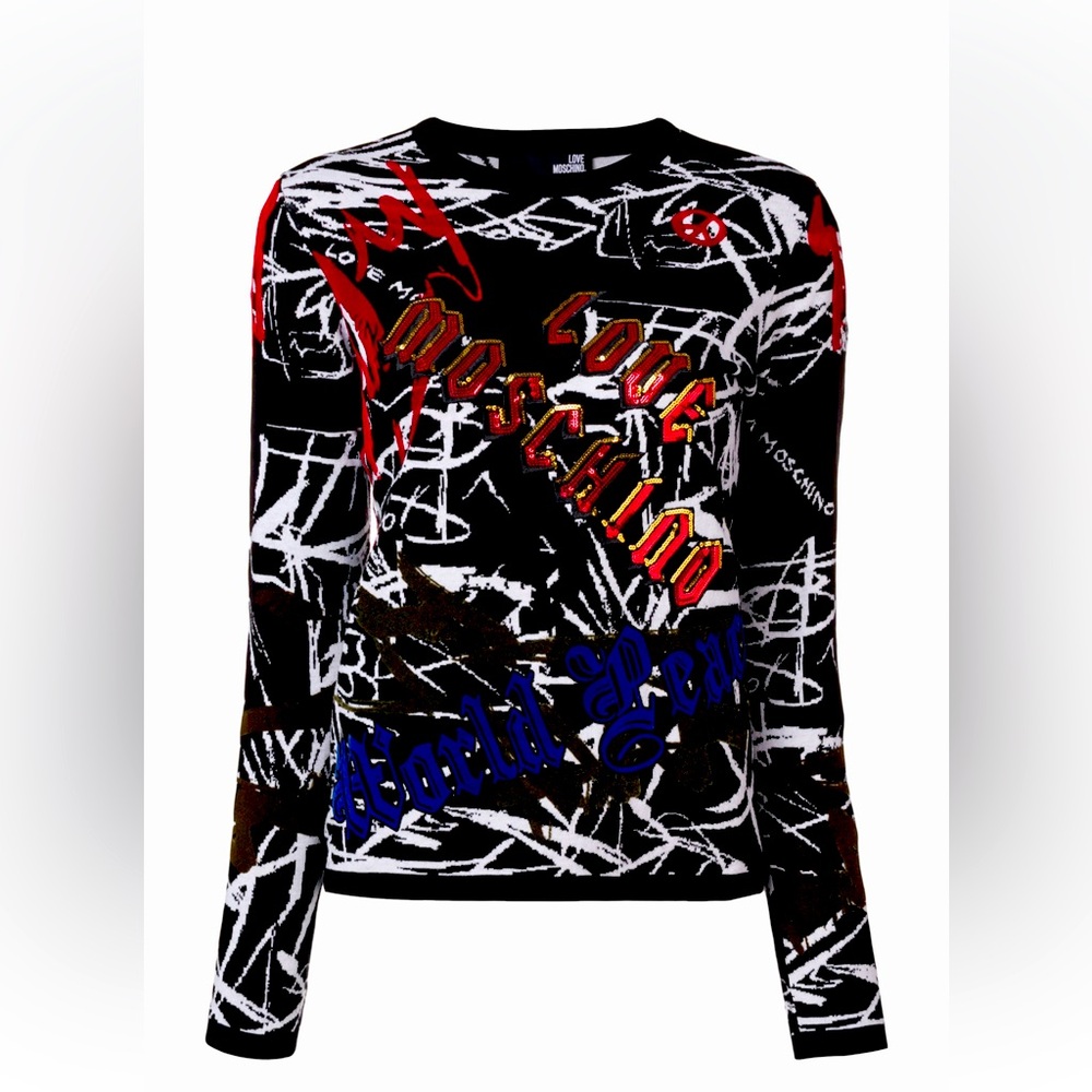 Love Moschino sequin graffiti logo jumper sweater
Size small